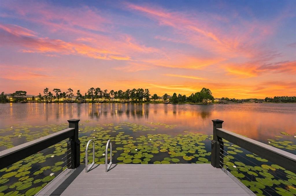 A wooden dock with a metal ladder overlooks a lake filled with lily pads at sunset — 9110 MORGANA COURT, WINTER GARDEN, FL