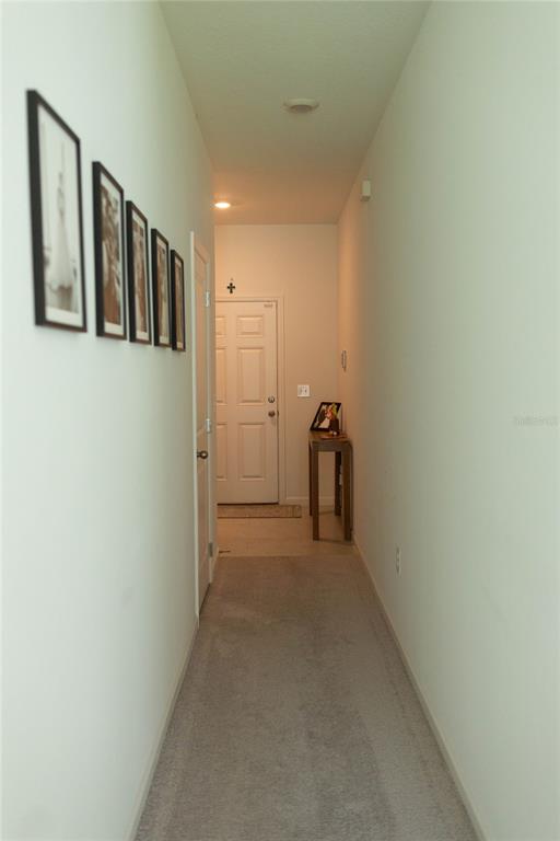 A carpeted hallway features a gallery wall of framed photos and a small wooden table — 2015 HEMINGWAY CIRCLE, GROVELAND, FL