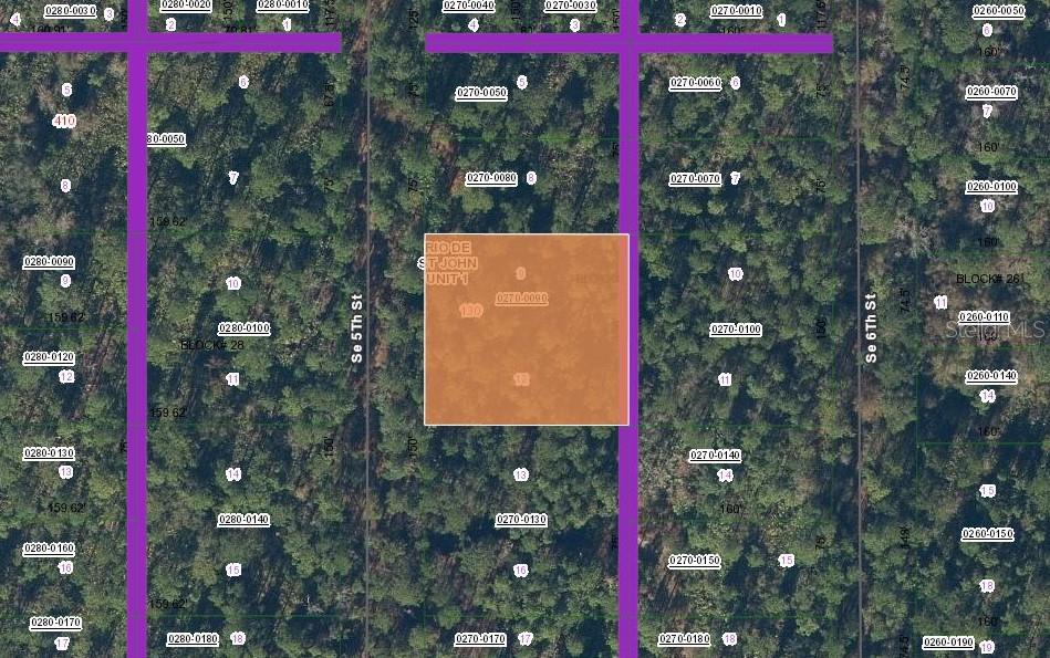 This is a satellite map showing a highlighted rectangular land parcel among wooded residential lots — 130 SE 5TH STREET, PALATKA, FL