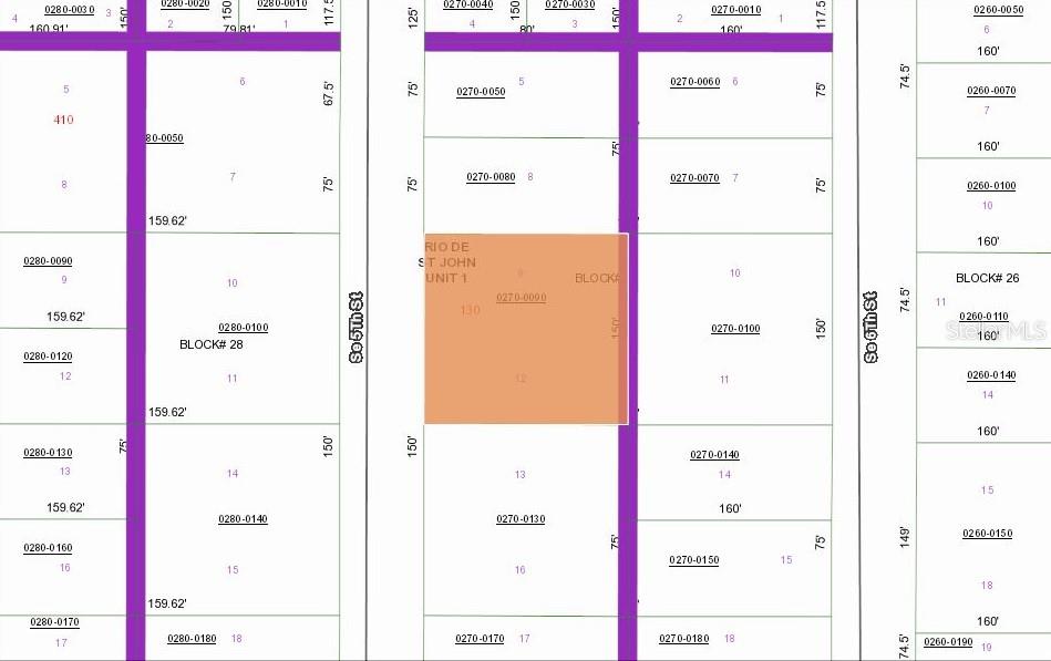 This image is a land plat map showing property lot lines and block numbers — 130 SE 5TH STREET, PALATKA, FL