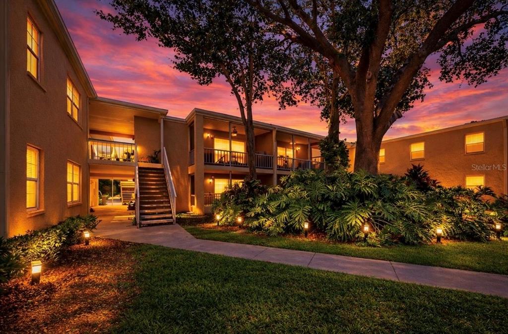An exterior view of a two-story apartment building at sunset with a large central tree — 4724 CHRISTA COURT UNIT 322, TAMPA, FL