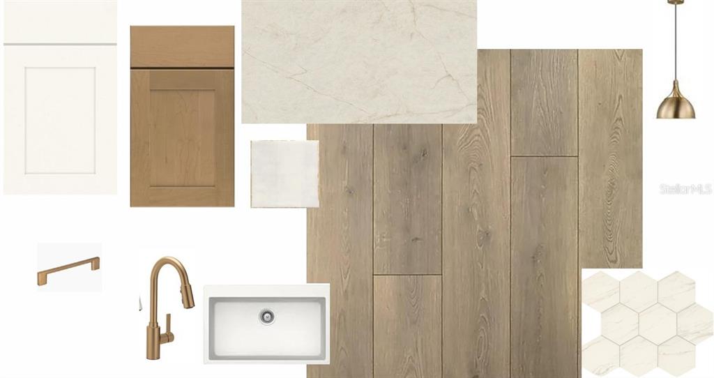 This interior design mood board features wood flooring, cabinetry, marble-look surfaces, and brass hardware — 8206 MERRITT AVENUE, BRADENTON, FL