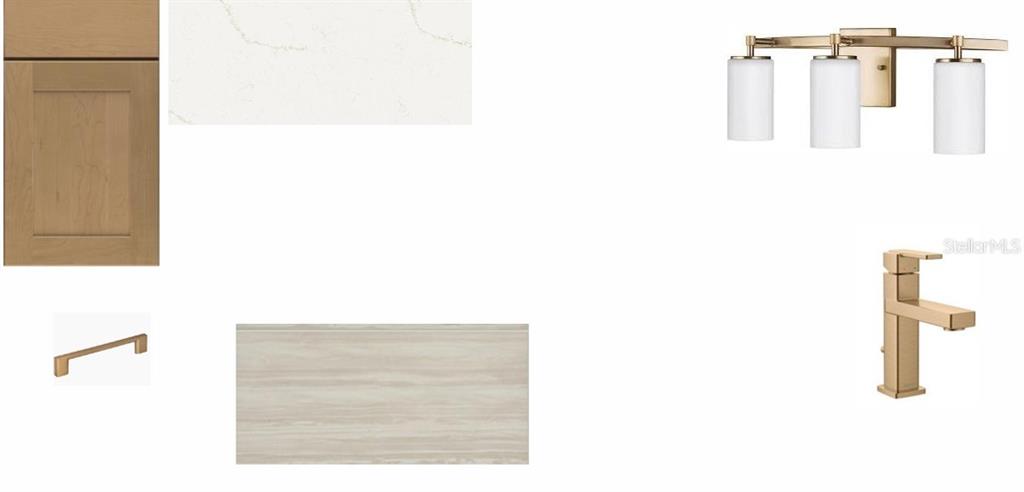 This digital rendering displays a selection of bathroom finishes, including cabinetry, countertops, hardware, and lighting — 8206 MERRITT AVENUE, BRADENTON, FL