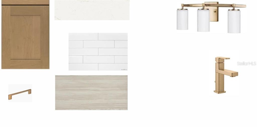 This digital rendering displays a bathroom design board featuring wood cabinets, gold fixtures, and tile — 8206 MERRITT AVENUE, BRADENTON, FL