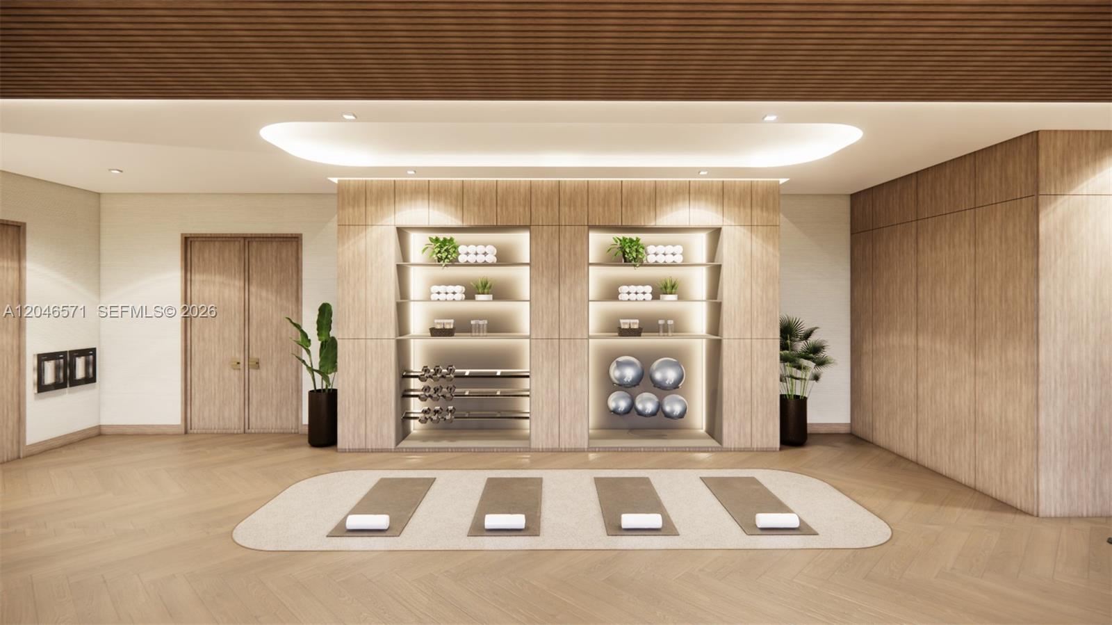 This rendering shows a modern fitness or yoga studio with wood paneling and built-in shelving — 1817 Taylor # 804, Hollywood FL 33020, HOLLYWOOD, FL