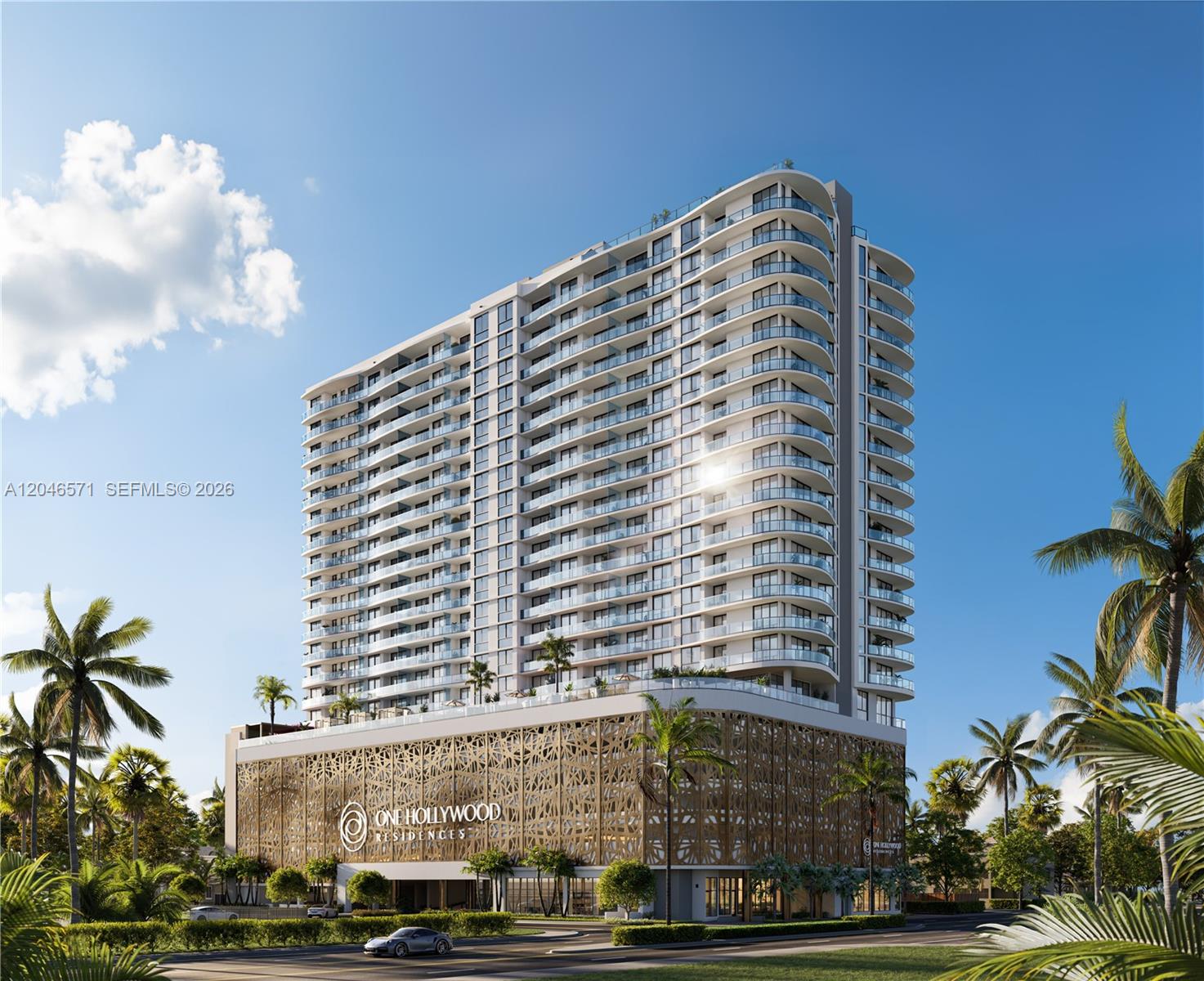 This is a digital architectural rendering of a modern high-rise residential building with a parking podium — 1817 Taylor # 804, Hollywood FL 33020, HOLLYWOOD, FL