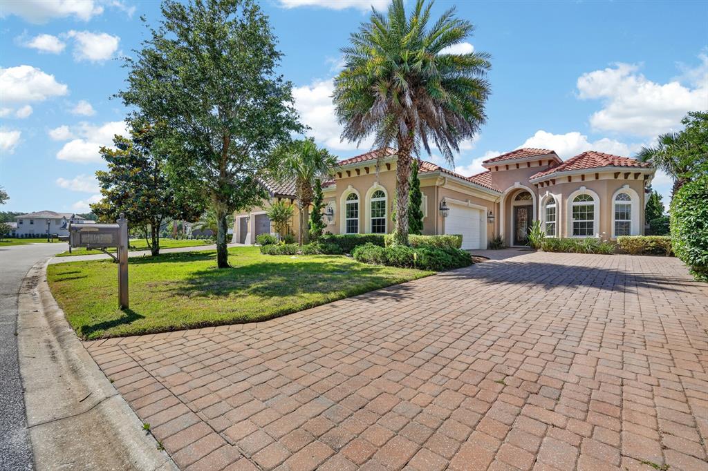 A single-story house with a brick paver driveway, a palm tree, and arched windows — 167 ASPEN WAY, PALM COAST, FL