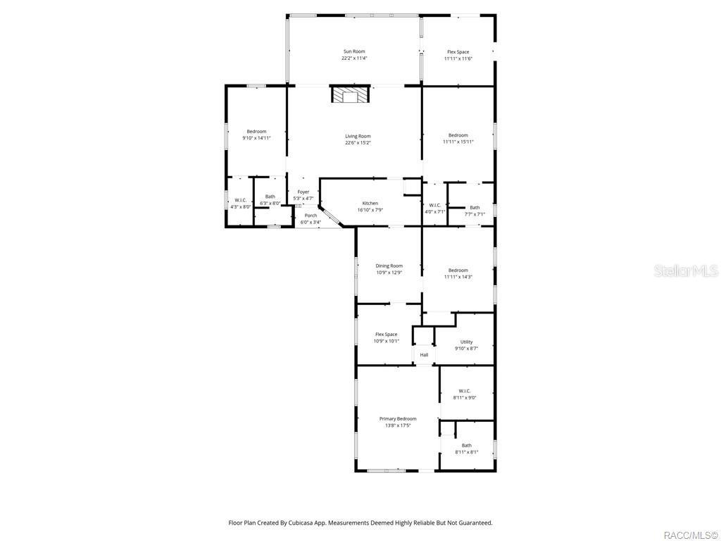 This is a floor plan showing a multi-bedroom residential layout with a central living area — 8372 E LAKE BRADLEY ROAD, FLORAL CITY, FL