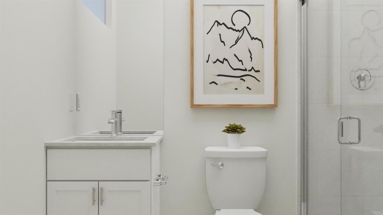 This rendering shows a modern bathroom with a white vanity, toilet, and glass shower — 1018 Raleigh Way, Wellington FL 33414, WELLINGTON, FL