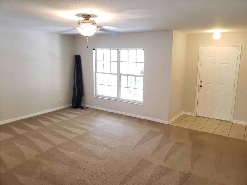 A carpeted living room features a ceiling fan, a window, and a tiled entryway — 15114 DEER MEADOW DRIVE, LUTZ, FL