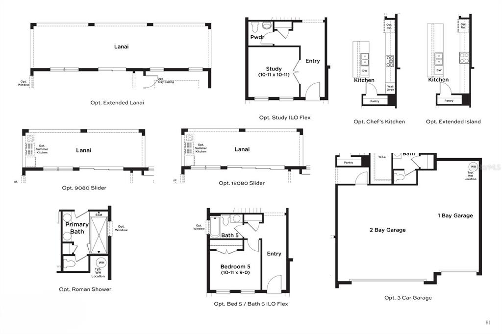 This floor plan image displays various optional room configurations and structural upgrades for a home — 1696 PUFFIN ROAD, ST CLOUD, FL
