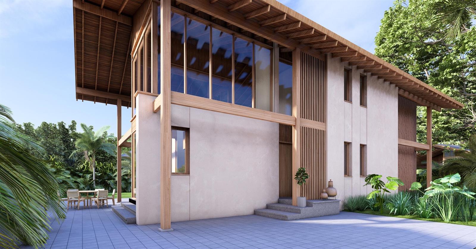 This architectural rendering shows the exterior of a modern two-story house with wood-framed glass walls — 425 Coral Way, Bocas Del Toro,, FL