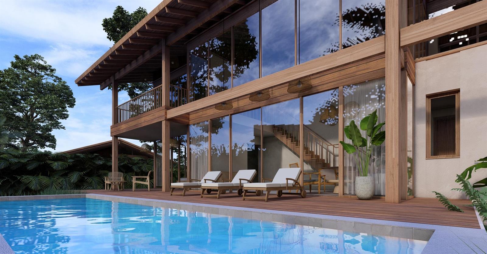A rendering of a modern two-story wooden house with a pool and lounge chairs — 425 Coral Way, Bocas Del Toro,, FL