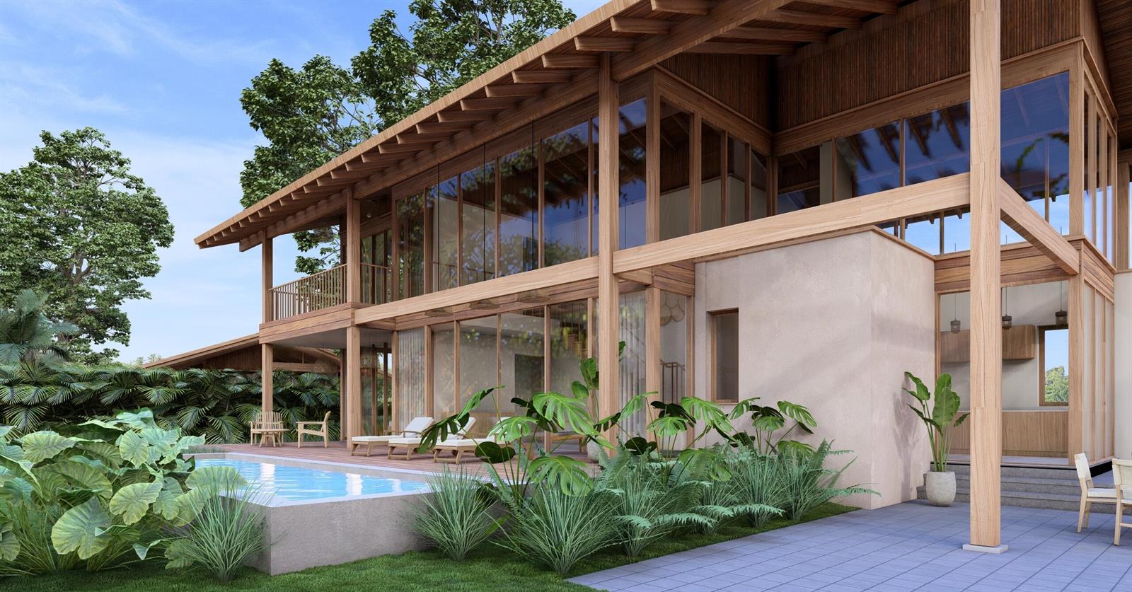 A rendering of a modern two-story wooden house with floor-to-ceiling windows and a swimming pool — 425 Coral Way, Bocas Del Toro,, FL