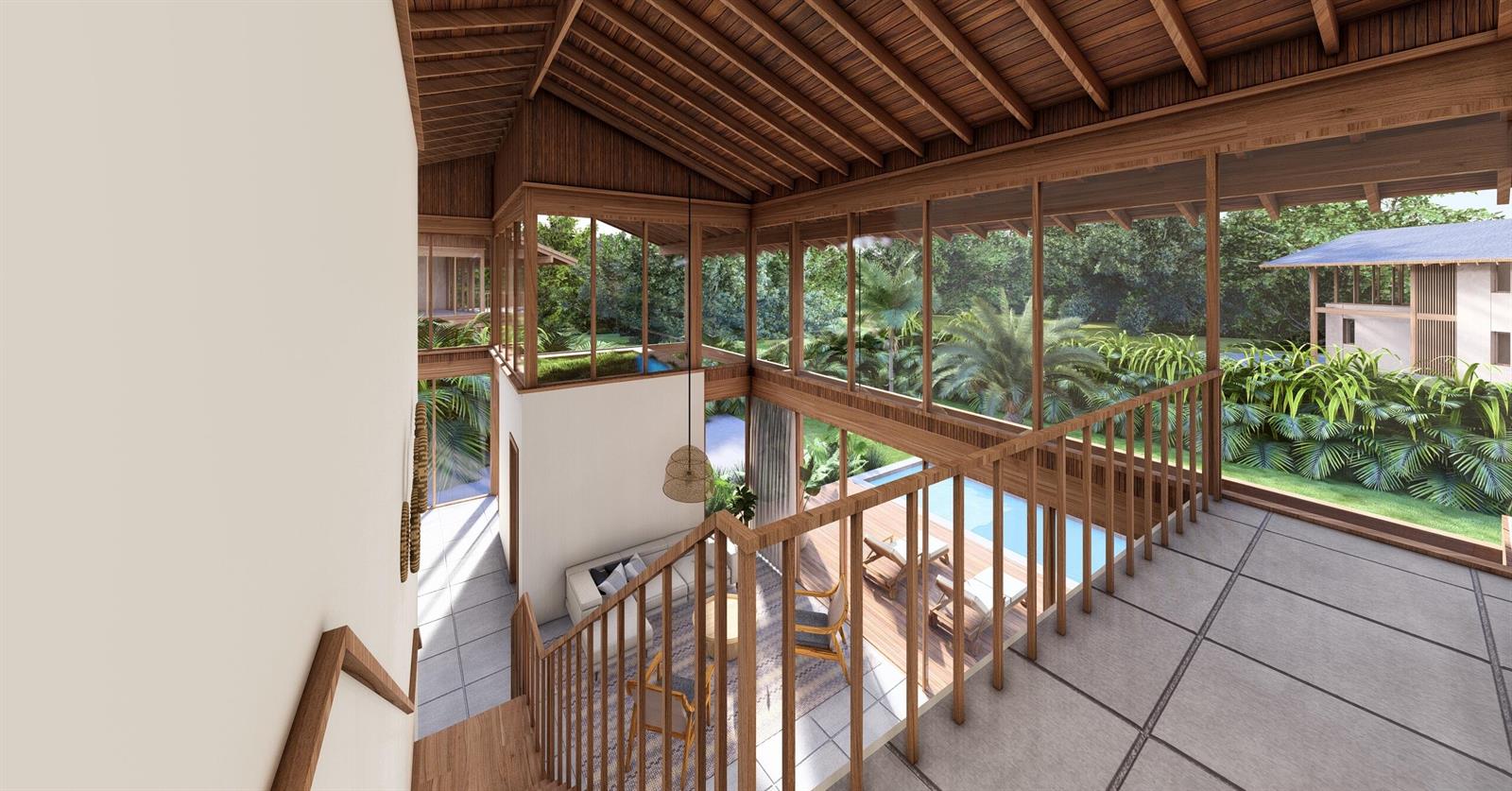 This rendering shows a two-story interior with wooden ceilings, glass walls, and a swimming pool — 425 Coral Way, Bocas Del Toro,, FL
