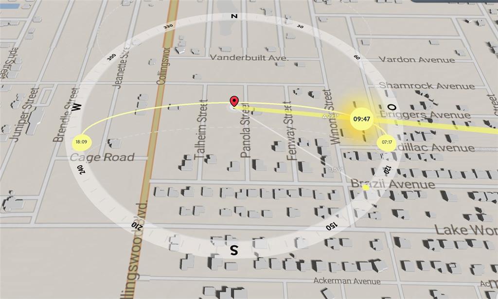 This is a map rendering showing a property location with a sun path trajectory overlay — 4179 PANOLA STREET, PORT CHARLOTTE, FL