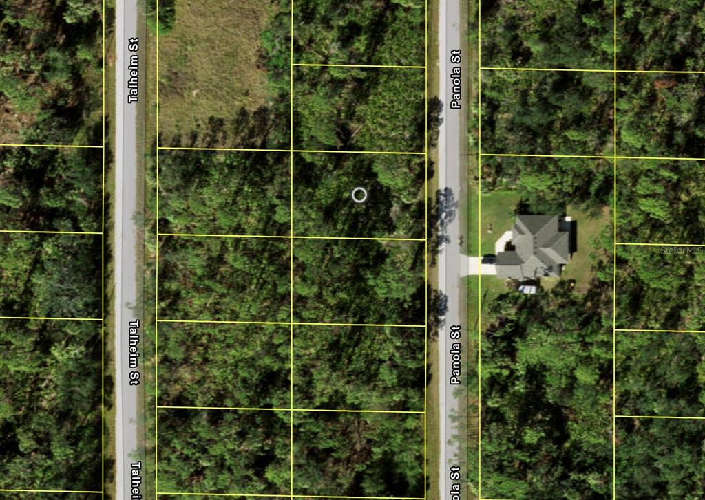 This is an aerial map showing a vacant wooded lot between two residential streets — 4179 PANOLA STREET, PORT CHARLOTTE, FL
