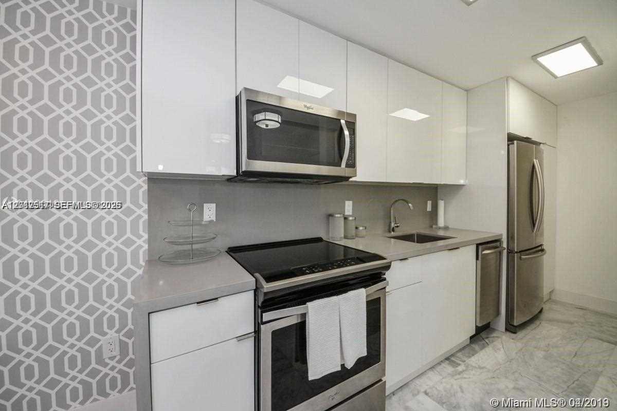 A modern kitchen features white glossy cabinets, stainless steel appliances, and a gray patterned wall — 1255 Collins Ave # 507, Miami Beach FL 33139, MIAMI BEACH, FL