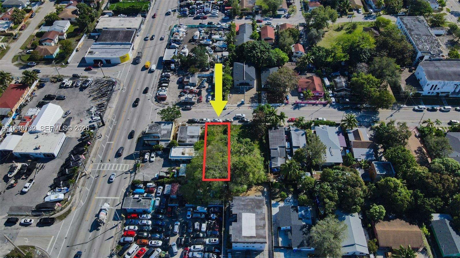 An aerial view shows a vacant rectangular lot outlined in red next to a street — 7828 NW 5th Ave, Miami FL 33150, MIAMI, FL