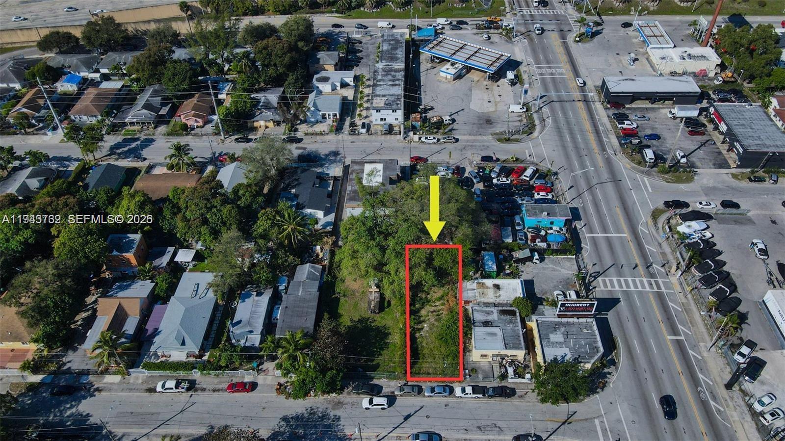 An aerial view shows a vacant, rectangular lot outlined in red with a yellow arrow — 7828 NW 5th Ave, Miami FL 33150, MIAMI, FL