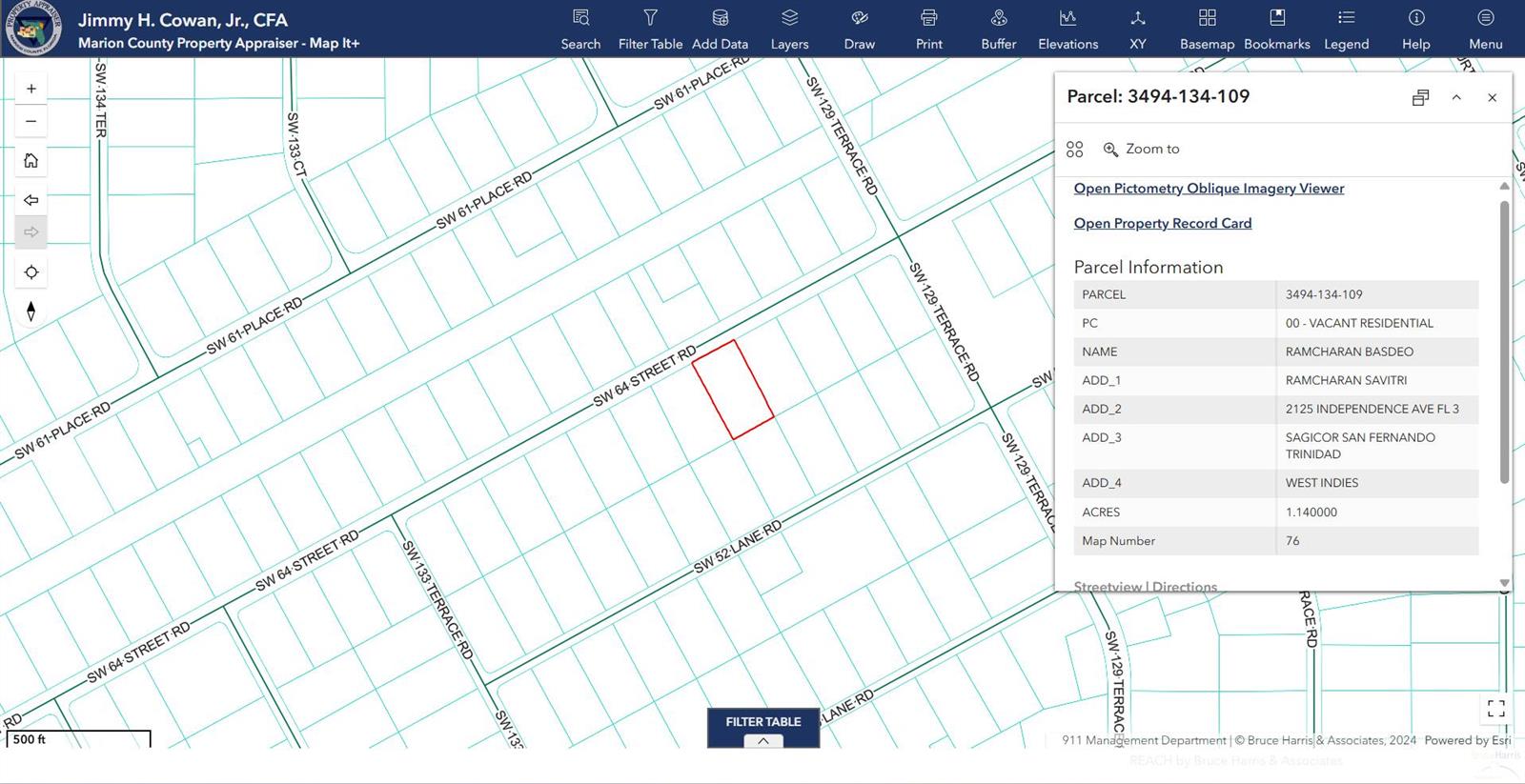 This is a digital map showing a highlighted residential parcel in Marion County, Florida — Lot 9 SW 64th Street Road, Ocala FL, OCALA, FL