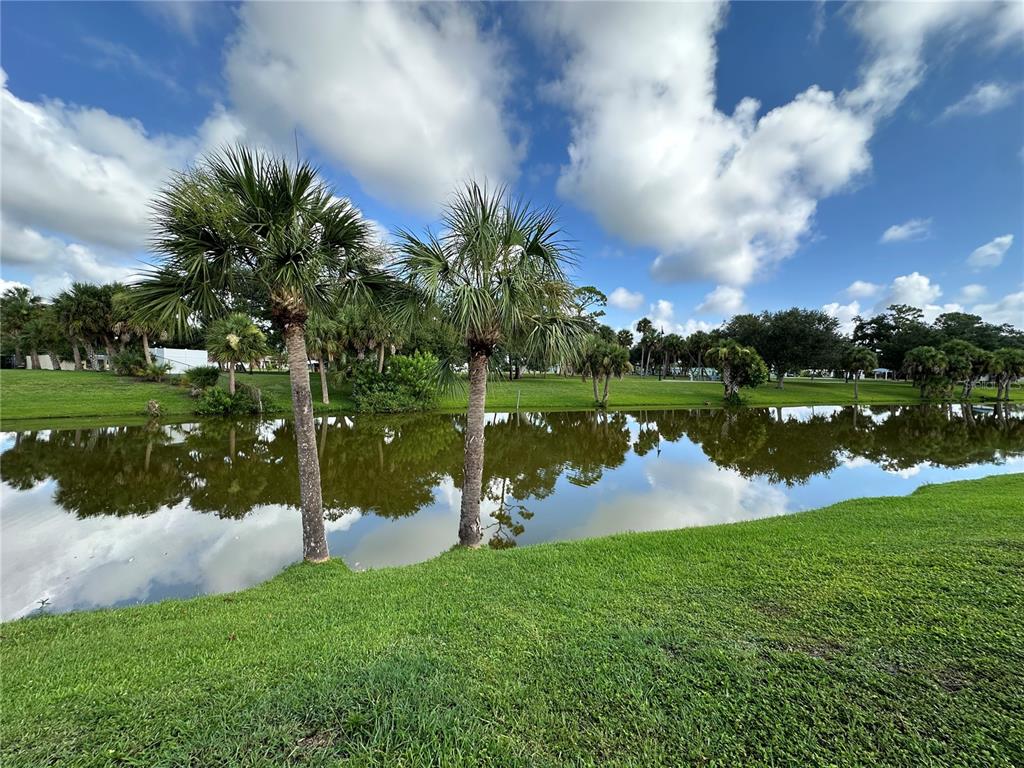 A grassy lawn slopes down to a small pond with two palm trees in the foreground — 21150 GERTRUDE AVENUE UNIT N3, PORT CHARLOTTE, FL