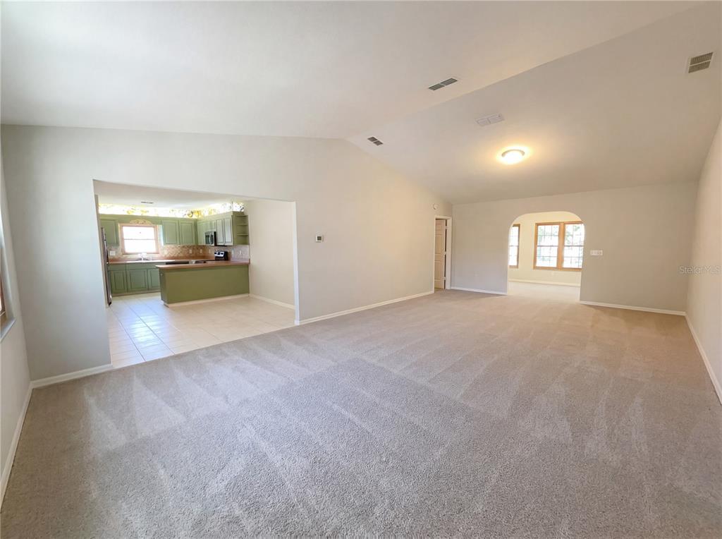 A spacious living room with gray carpet leads to a green kitchen and arched entryway — 13824 SW 114TH CIRCLE, DUNNELLON, FL
