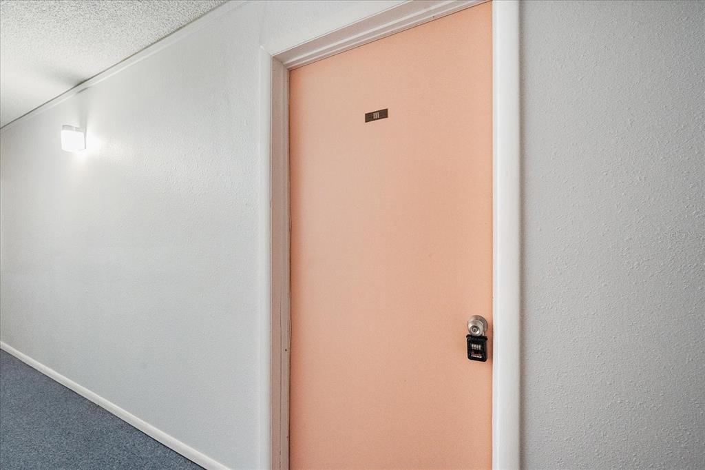 A peach-colored door with a lockbox sits at the end of a carpeted hallway — 519 ALBEE FARM ROAD UNIT 111, VENICE, FL