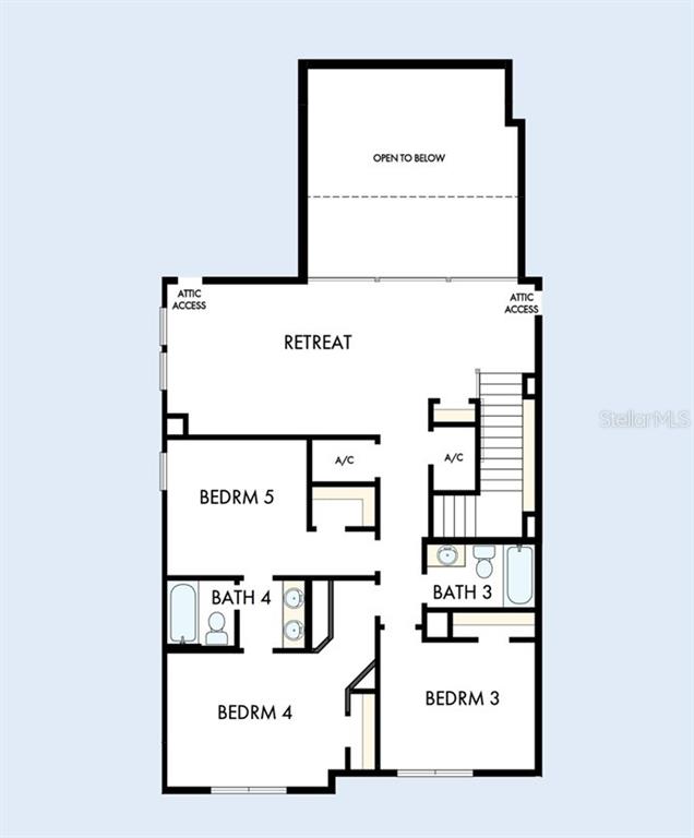 This is a floor plan of an upper level featuring a retreat, three bedrooms, and two bathrooms — 11109 BERRY TROUGH TRAIL, ODESSA, FL