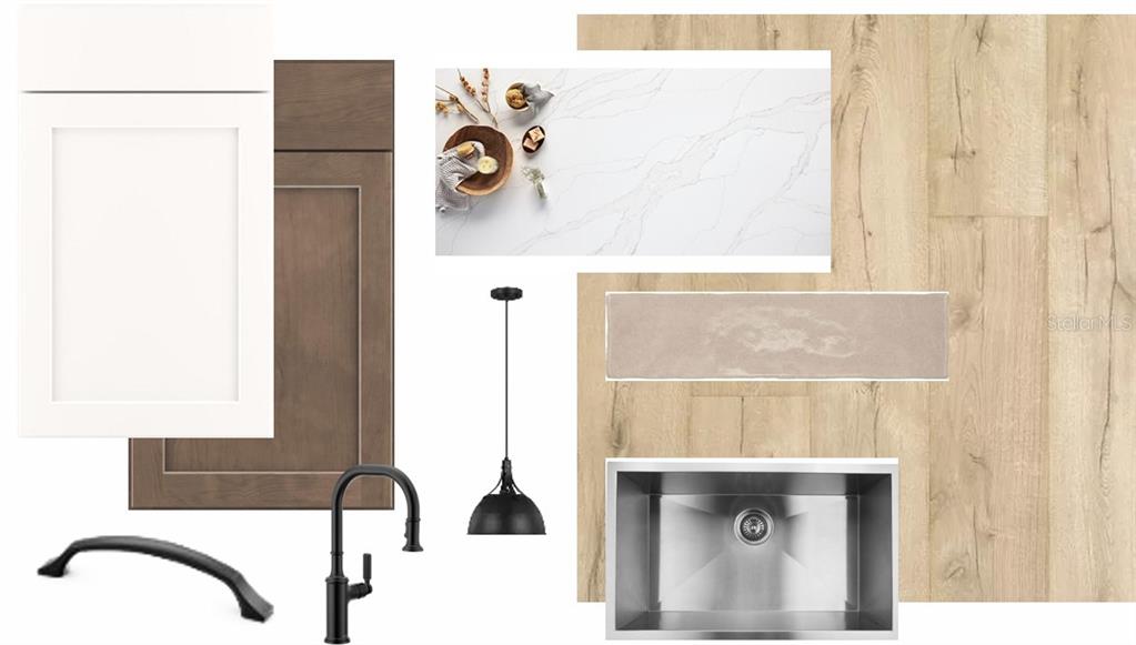 This is a digital design board showing kitchen cabinet, countertop, flooring, and hardware finish samples — 11109 BERRY TROUGH TRAIL, ODESSA, FL