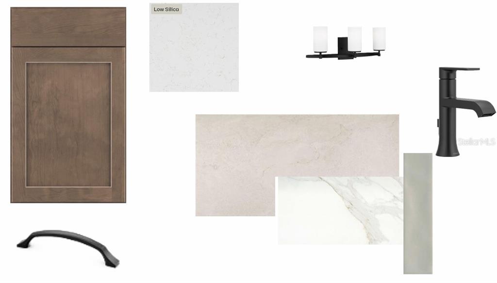 This design board displays cabinet, countertop, lighting, and hardware samples for a bathroom renovation — 11109 BERRY TROUGH TRAIL, ODESSA, FL