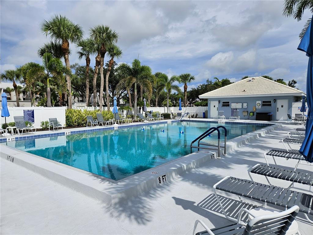 A rectangular swimming pool with lounge chairs on a concrete deck under palm trees — 437 CERROMAR LANE UNIT 424, VENICE, FL