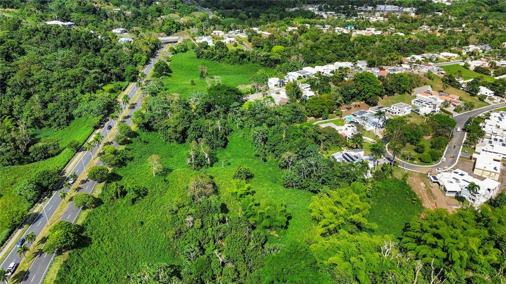 An aerial view shows a large, undeveloped green lot bordered by a road and houses — 8 ESTRELLA BLQ G10, GUAYNABO, PR