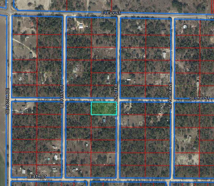 This is an aerial map view showing a highlighted rectangular plot of land — 14250 SE 2ND STREET, WILLISTON, FL