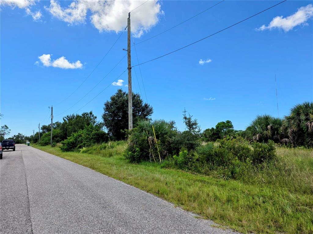 A paved road runs alongside a grassy, undeveloped lot with trees and a utility pole — 9177 ARBERG STREET, PORT CHARLOTTE, FL