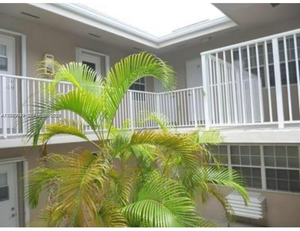 A palm tree stands in the courtyard of a two-story apartment building with white railings — 6565 Santona St, Coral Gables FL 33146, CORAL GABLES, FL