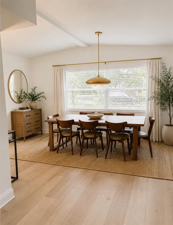 A dining room features a wooden table, six chairs, a brass pendant light, and curtains — 3214 W COACHMAN AVENUE, TAMPA, FL