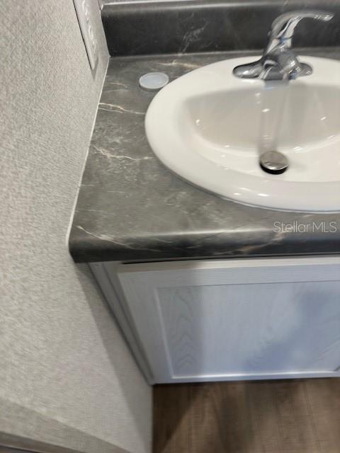 A bathroom vanity features a white sink, chrome faucet, and dark marble-patterned countertop — 16136 CHANCAS STREET, BROOKSVILLE, FL