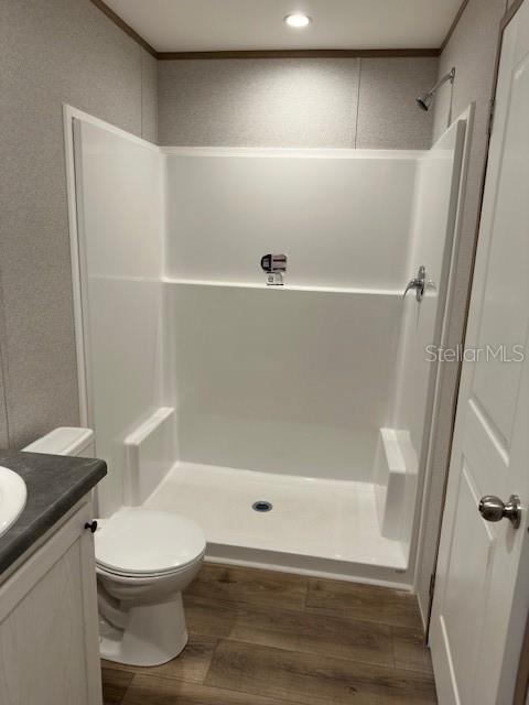A bathroom features a white walk-in shower, a toilet, and wood-look flooring — 16136 CHANCAS STREET, BROOKSVILLE, FL