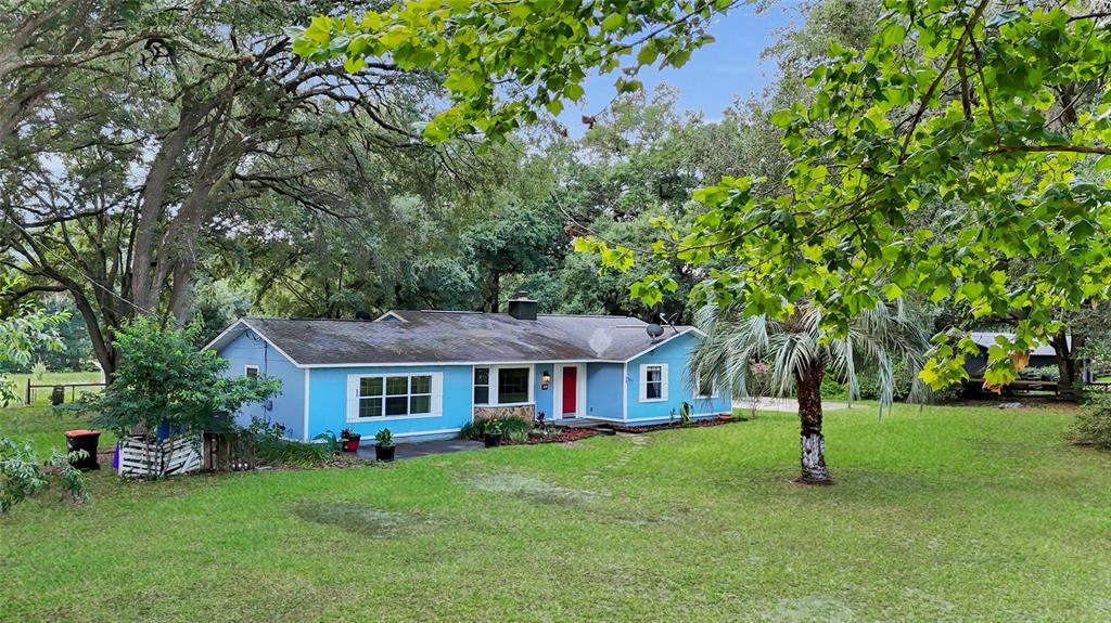 A blue single-story house with a red front door sits on a grassy, tree-filled lot — 2800 SE 157TH LANE ROAD, SUMMERFIELD, FL