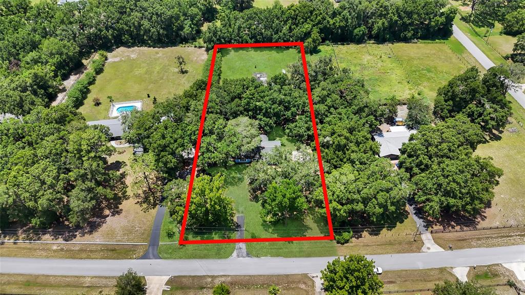 An aerial view shows a rectangular property lot outlined in red amidst a wooded area — 2800 SE 157TH LANE ROAD, SUMMERFIELD, FL