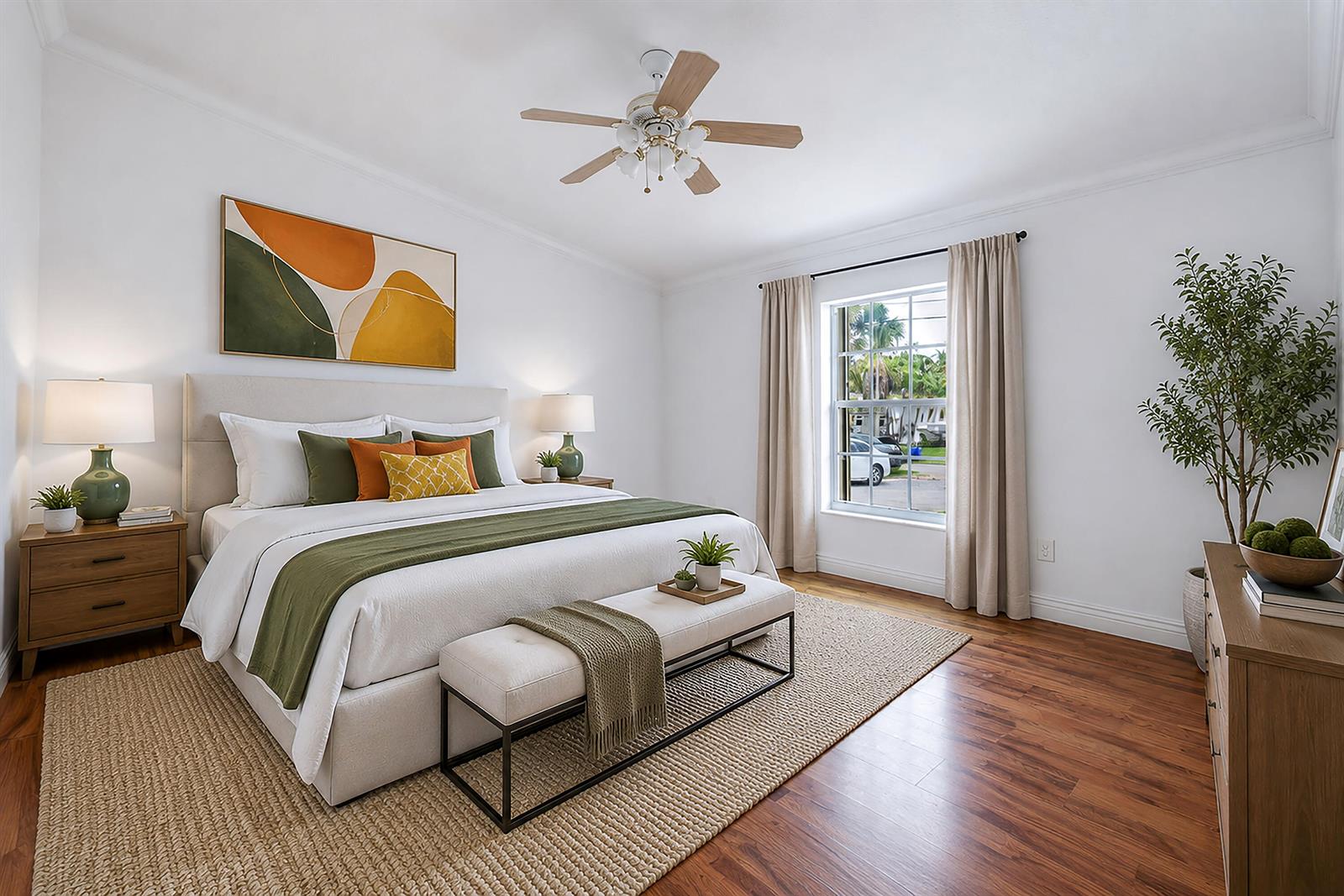 A bedroom features a king bed, wooden nightstands, a ceiling fan, and a window view — 15285 San Diego Drive, FL 33470, FL