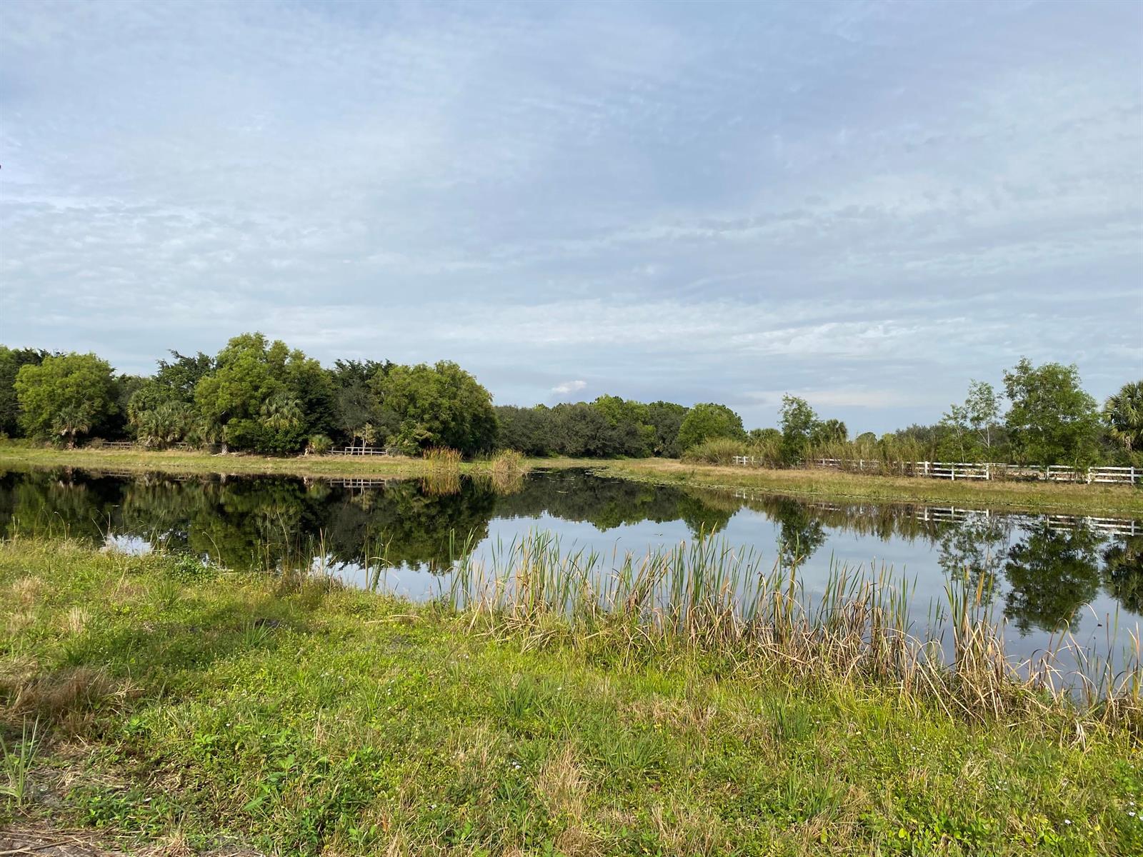 A calm pond reflects the surrounding trees and a white fence under a cloudy sky — 17755 Fox Trail Lane, Loxahatchee FL 33470, LOXAHATCHEE, FL