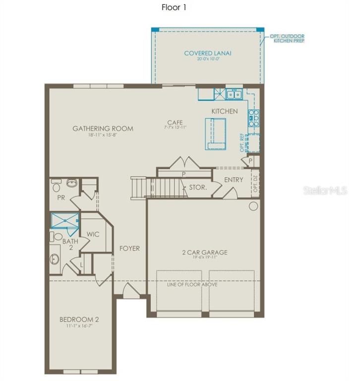 This floor plan shows the first level of a home featuring a garage and lanai — 427 WINTER GROVE BOULEVARD, WINTER GARDEN, FL