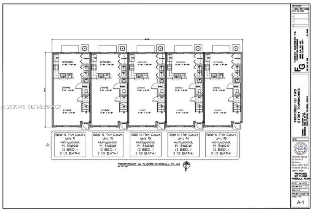 This architectural floor plan shows the first-floor layout for five identical two-story townhome units — 1100 N 17th Ct, Hollywood FL 33020, HOLLYWOOD, FL