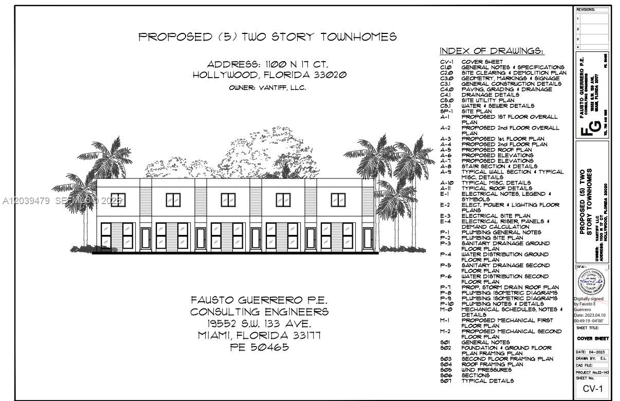 This is a cover sheet for a construction plan set featuring a rendering of townhomes — 1100 N 17th Ct, Hollywood FL 33020, HOLLYWOOD, FL