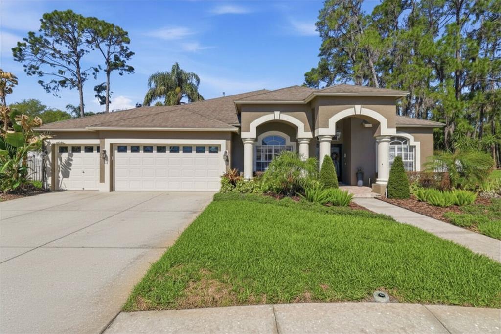 A screened-in patio features a swimming pool, a hot tub, and an outdoor kitchen area — 3629 WHISTLING LANE, LAND O LAKES, FL