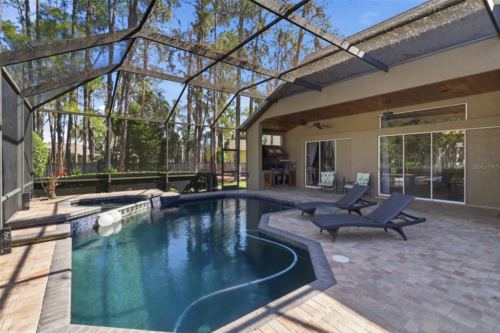 A living room features a stone fireplace, built-in shelving, a chandelier, and sliding glass doors — 3629 WHISTLING LANE, LAND O LAKES, FL