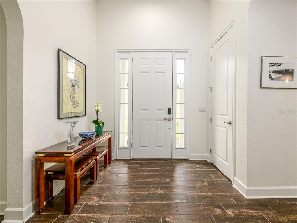 An entryway features a white front door with sidelights, dark wood-look tile flooring, and furniture — 4521 BARLETTA COURT, WESLEY CHAPEL, FL