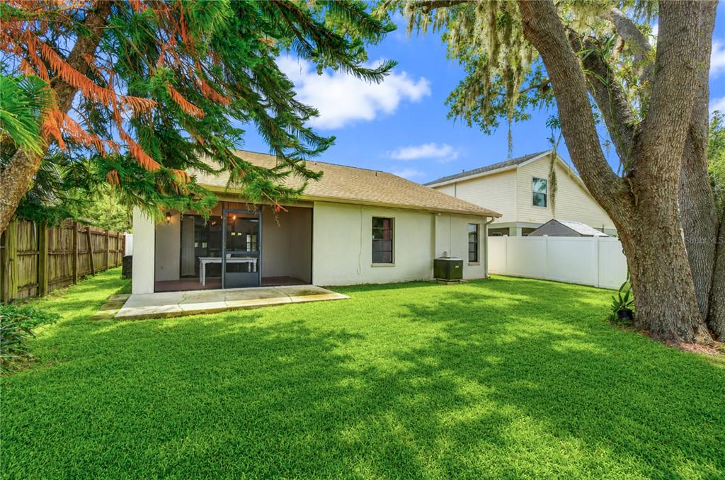 The backyard features a grassy lawn, a screened-in patio, and large trees under a blue sky — 2512 WRENCREST CIRCLE, VALRICO, FL